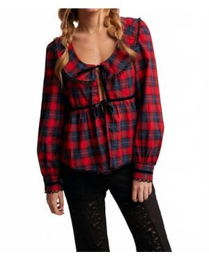 Listicle Plaid Velvet Trim Holiday Blouse - Red