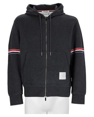 Thom Browne Zip-Up Hooded Striped Cotton Sweatshirt - Black