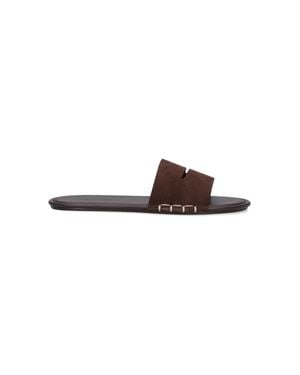 JW Anderson Dark Calf Leather Open-Toe Slides With Contrasting Stitching - Brown