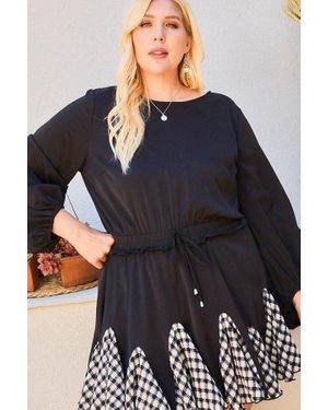 TRUEDAMES Round Neck 3/4 Bubble Sleeve Gingham Ruffle Romper - Blue