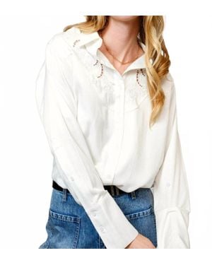 Blue B Embroidered Western Yoke Button-Up Blouse - White