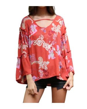 Angie Floral Ruffle Seam Bell Sleeve Tunic - Red