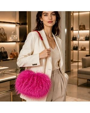 Fashnzfab Fluffy Faux Feather Fur Chain Strap Shoulder Handbag - Pink