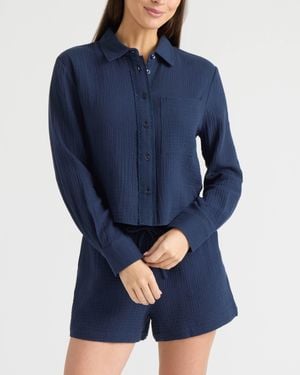 Ellen Tracy Double Gauze Button Front Shirt - Blue