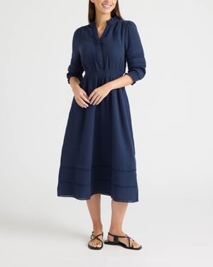 Ellen Tracy Button Front Double Gauze Dress - Blue