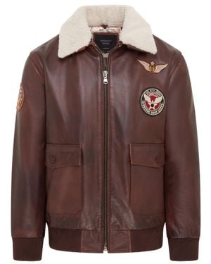 Infinity Leather Cowhide Leather Aviator Bomber Jacket - Brown