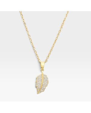 Fashnzfab Stainless Steel Cz Pave Leaf Pendant Necklace - Metallic