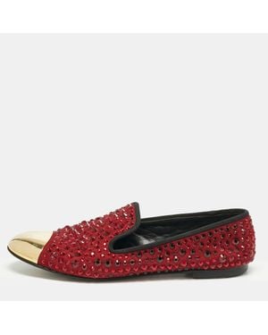 Giuseppe Zanotti Burgundy Suede Cap Toe Crystals Embellished Smoking Slippers - Red