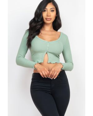 TRUEDAMES Ribbed Button Front Split Long Sleeve Top - Green