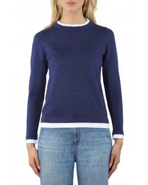 Metric Knits Double Trim Long Sleeve Crew Pullover Sweater - Blue