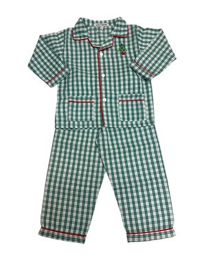 Muguet Collection Boy's Christmas Tree Embroidered Plaid Pajama Set - Green