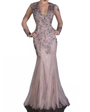 Mnm Couture Bejeweled V-Neck Mermaid Evening Gown - Purple