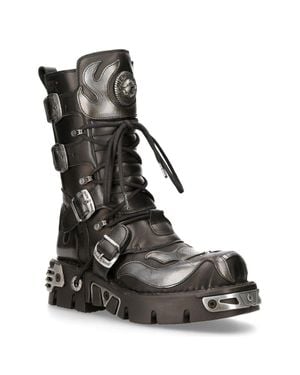 New Rock Flame Accented/ Leather Biker Boots- 107-S2 - Black
