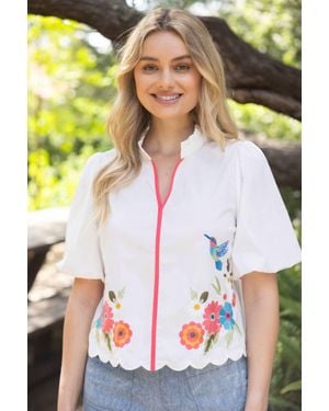 Voya Pipping Detail Floral Hummingbird Embroidered Top - White