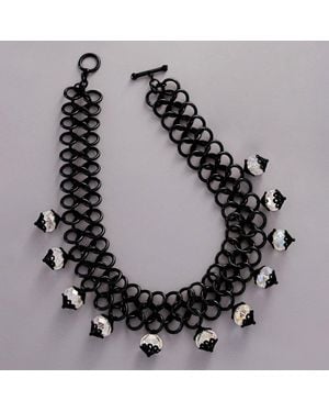 Fashnzfab Round Faceted Stone Pendant Embellished Chunky Chain Toggle Necklace - Black