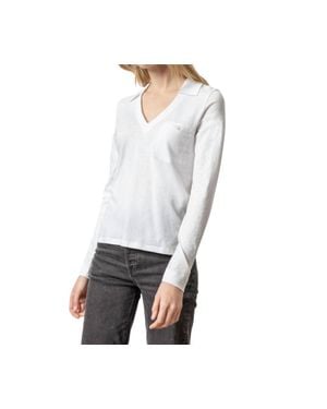 Lilla P Long Sleeve Collared V Neck Top - White