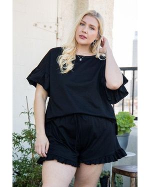 TRUEDAMES Round Neck Ruffle Sleeve Side Slit French Terry Top - Blue