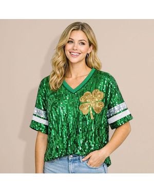 TRUEDAMES Sequin Lucky Clover Graphic Sport Shirt - Green