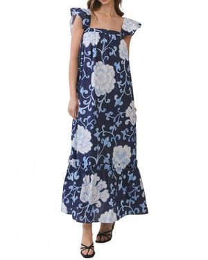 TCEC Millie Floral Print Ruffle Sleeve Maxi Dress - Blue
