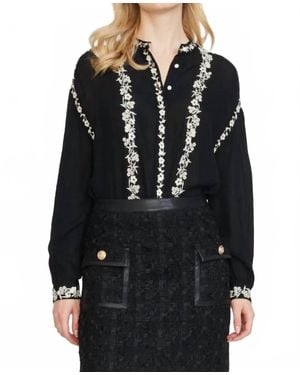 Stellah Embroidered Edge Stand Collar Blouse - Black