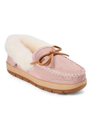 Dearfoams Fireside By Gladstone Genuine Shearling Moccasin With Stitching - Pink
