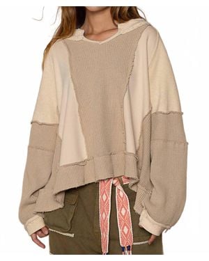 Pol Notched Neck Contrast Long Sleeve Top - Brown