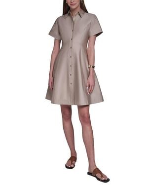 Halston Short Sleeve Button-Up Sateen Shirtdress - Natural