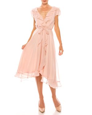 Maison Tara Ruffle Cap Sleeve Wrap Style Midi Dress - Pink