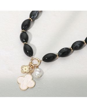 Fashnzfab Quatrefoil Pearl Charm Pendant Chunky Oval Beaded Statement Necklace - Black