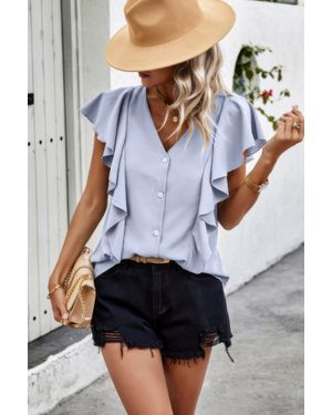 TRUEDAMES Solid Button Ruffle V Neck Fit Blouse - Blue