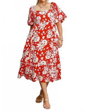 Umgee Floral Midi Dress With Trim Details - Red