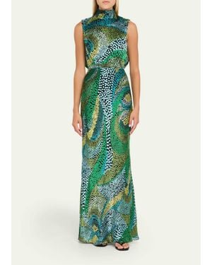 Saloni Fleur Printed High-Neck Dress - Green