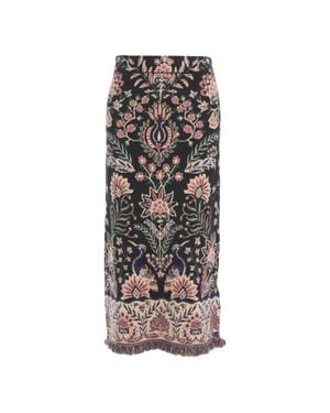 FARM Rio Intricately Patterned Midi Skirt With Fringe Trim - Pink