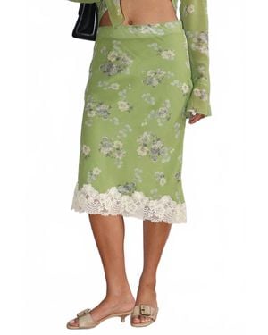 Bailey Rose Fawn Floral Lace Trim Midi Skirt - Green