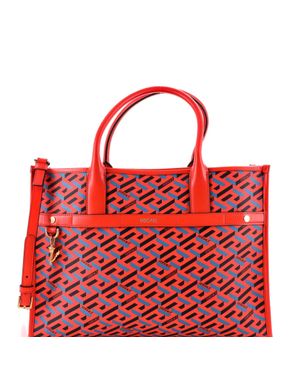 Versace Top Handle Tote La Greca Signature Coated Canvas Medium - Red