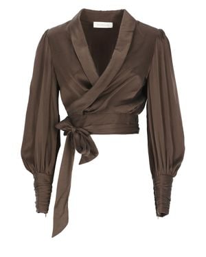 Zimmermann Gathered Lace-Trim Silk Blouse - Brown