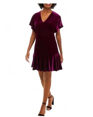 Taylor V-Neck Velvet Solid Fit And Flare Dress - Red