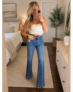 Risen High Rise Wide Leg Jeans With Released Hem - Blue