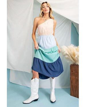 143 Story Solid Color Block Asymmetrical One Side Open Shoulder Dress - Multicolor