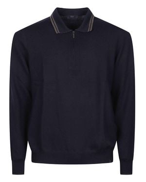 Fay Half Zip Striped Knit Virgin Wool Sweater - Blue