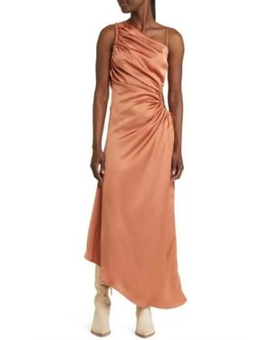 Moon River Ruched Asymmetric Satin Maxi Dress - Brown
