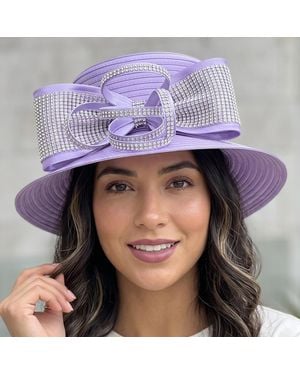 Fashnzfab Bling Studded Bow Accent Wide Brim Statement Dressy Hat - Purple