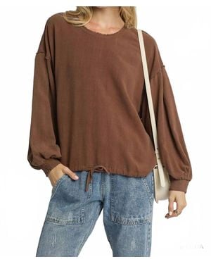 Umgee Linen Long Sleeve Top With Drawstring - Brown