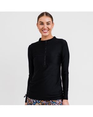 Calypsa Plus Half-Zip Long Sleeve Rash Guard Nora Swim Top - Black