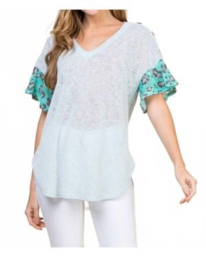 Emerald Collection Lace Button Trim V Neck Top - Blue