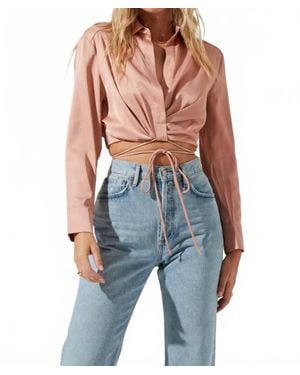 Astr Perry Satin Wrap Front Tie Waist Top - Blue