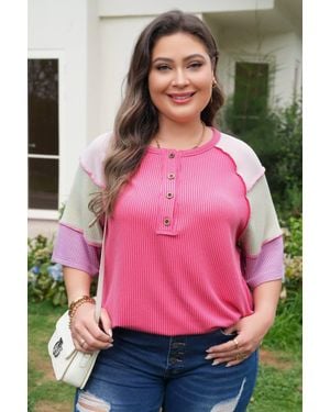 Dear Lover Twisted Rib Color Block Patchwork Short Sleeve Henley Top - Pink