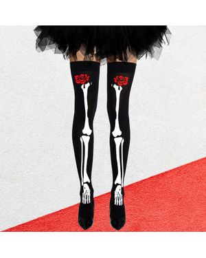 TRUEDAMES Rose Flower Skull Skeleton Halloween Costume Tight High Stockings - Red