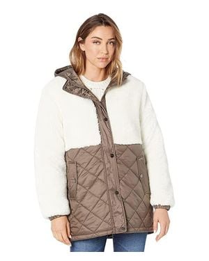 Sanctuary Mix Media Jacket Ivory Sherpa Quilted Hooded Jdm772 - Natural