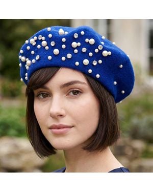 Fashnzfab Pearl Rhinestone Embellished Winter Beret Hat - Blue